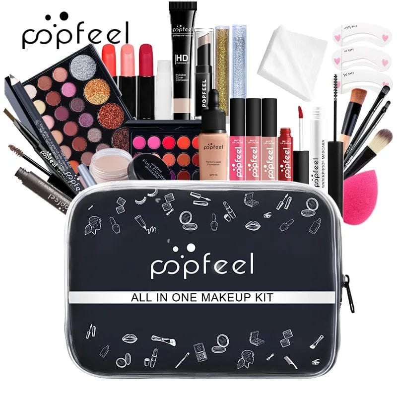 Popfeel all-in-one makeup kit for women featuring eyebrow, eyeliner, eyeshadow, and a makeup bag for a complete cosmetic set.