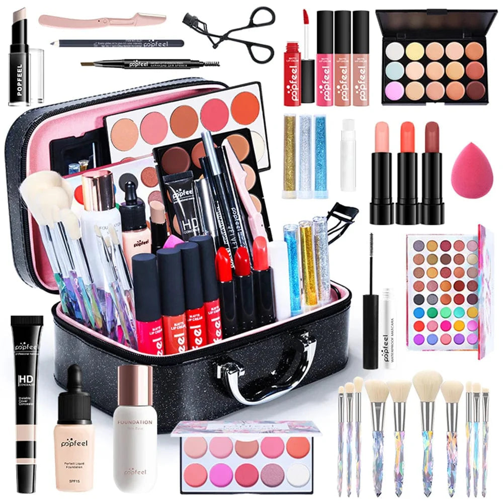 Popfeel all-in-one makeup kit for women, featuring eyebrow pencils, eyeliner, eyeshadow, and accessories in a compact cosmetic bag.