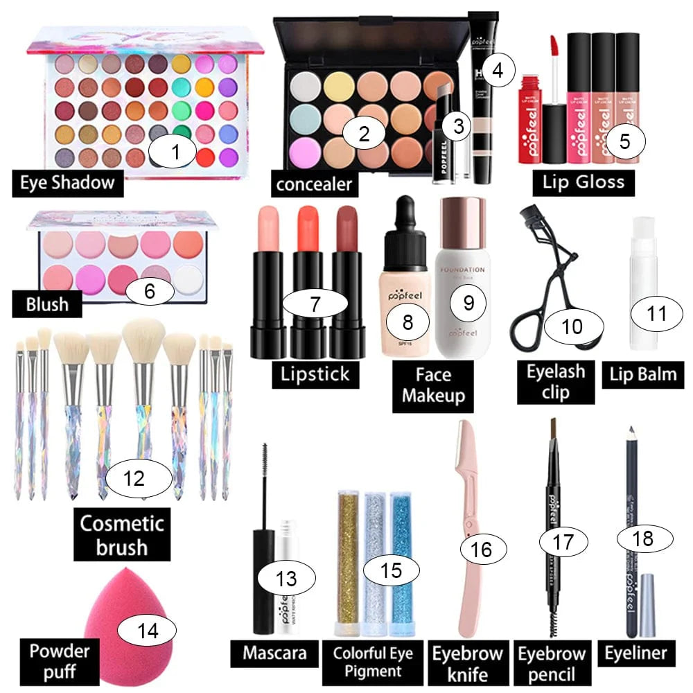 Popfeel all-in-one makeup kit for women with eyeshadow, eyeliner, eyebrow pencils, and a cosmetic bag for complete beauty.