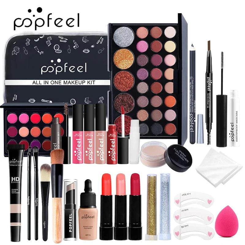 Popfeel all-in-one makeup kit for women featuring eyebrow, eyeliner, eyeshadow, and other cosmetic essentials in a compact bag.