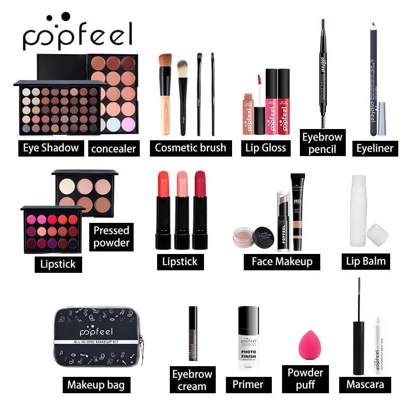 Popfeel all-in-one makeup kit for women with eyeshadow, eyeliner, eyebrows, and a cosmetic bag, ideal for complete beauty routines.