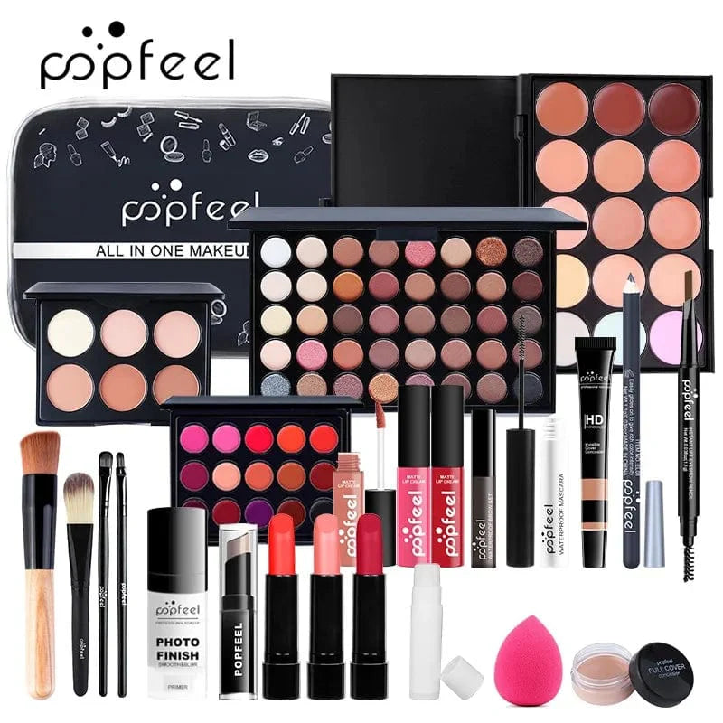 Popfeel all-in-one makeup kit for women, includes eyebrow, eyeliner, eyeshadow, and full cosmetic set with a convenient bag.