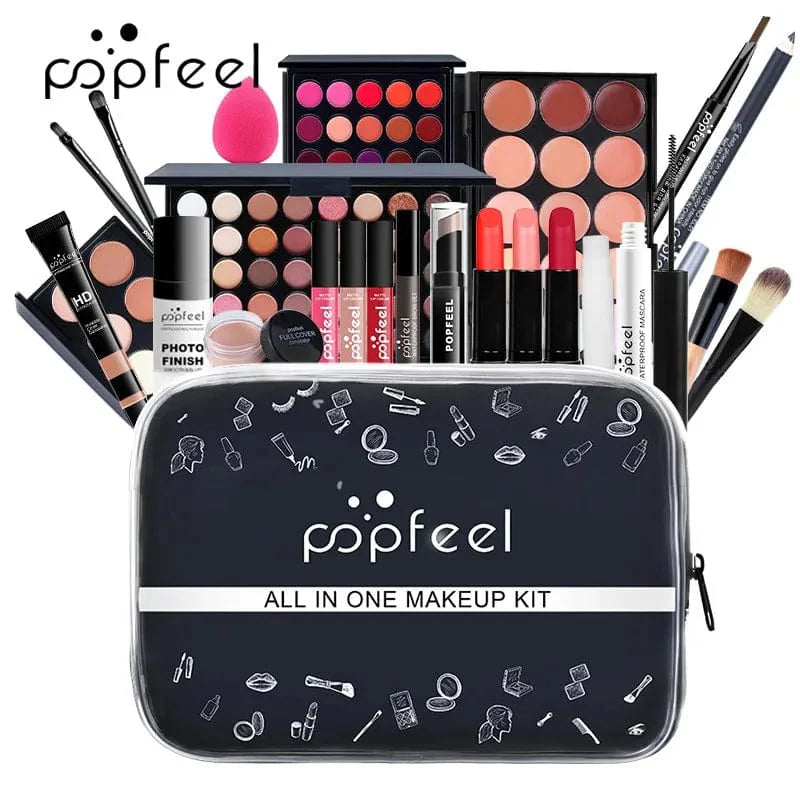 Popfeel All-in-One Makeup Kit for Women with eyeshadow, eyeliner, eyebrow products, and a cosmetic bag for complete beauty.