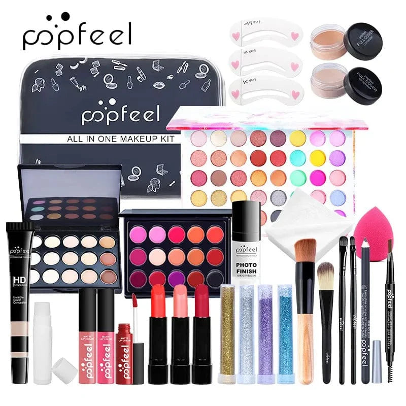 Popfeel all-in-one makeup kit for women with eyebrow, eyeliner, and eyeshadow, featuring a compact cosmetic set with a travel bag.