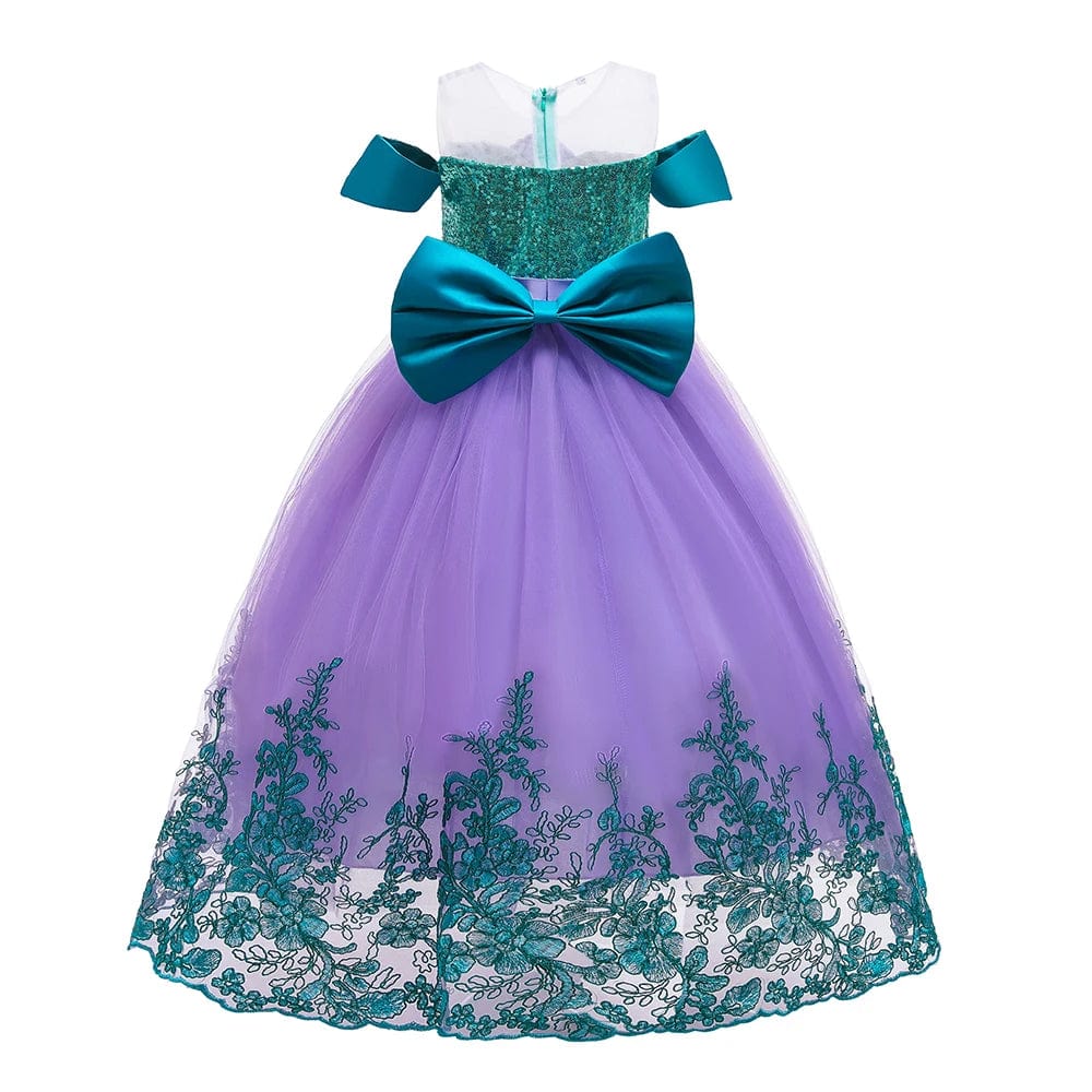 Kids mermaid princess cosplay dress by Showlu Fashion for girls ages 2-10, featuring colorful, flowing costume with fin details.