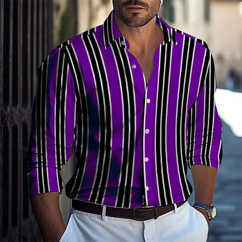 SHOWLU Men's striped long-sleeved casual shirt with luxury print in polyester, available in extra-large sizes.