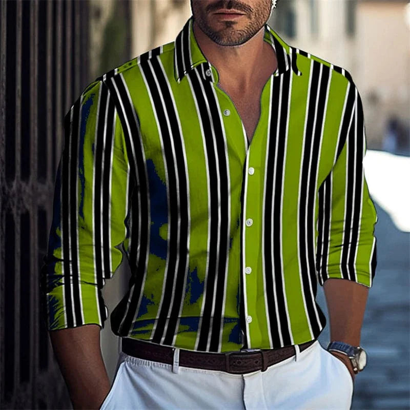 SHOWLU men's striped long-sleeved casual shirt with luxury print in polyester, available in extra-large sizes.