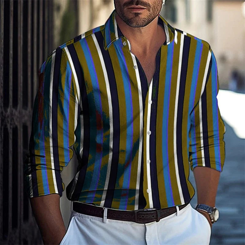 SHOWLU men's striped long-sleeved casual shirt with luxury print in polyester, available in extra-large sizes, stylish and comfortable.