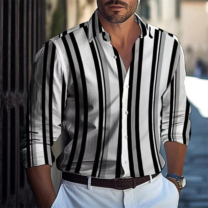 SHOWLU men's striped long-sleeved casual shirt with luxury print in polyester, shown in extra-large size XS to 5XL