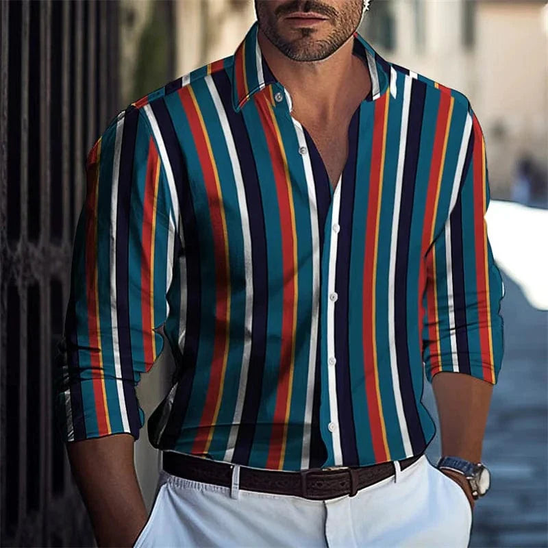 SHOWLU Men's striped long-sleeved casual shirt with luxury print in polyester, available in extra-large sizes.