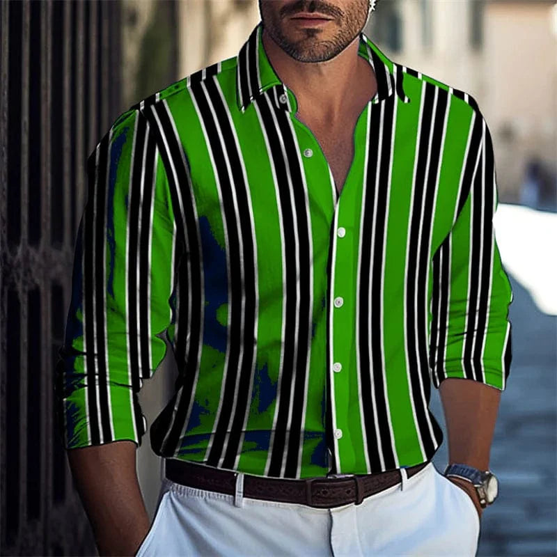 SHOWLU Men's striped long-sleeved casual shirt with luxury print in polyester, available in extra-large sizes.