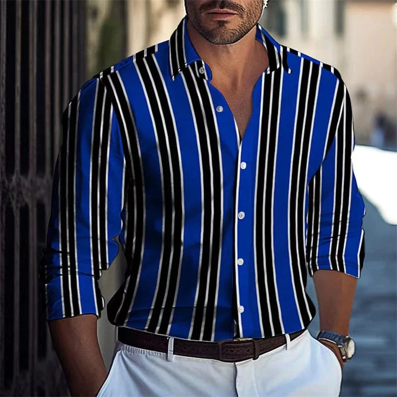 SHOWLU Men's striped long-sleeved casual shirt with luxury print, made from polyester, available in extra-large sizes.