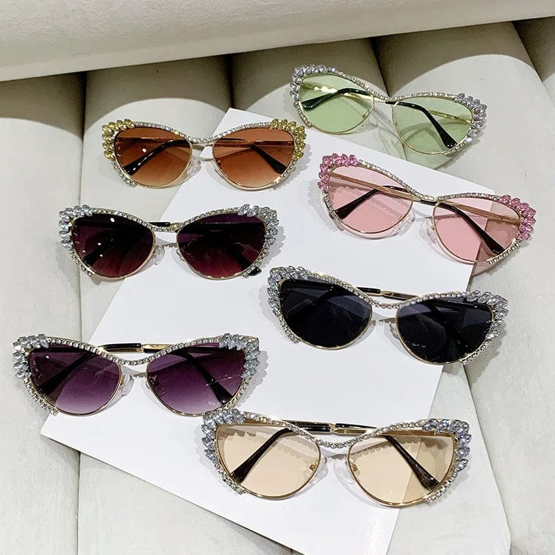 Buyuteen Y2K vintage cat eye sunglasses with pink crystals, luxury metal frame, and crystal accents, stylish for women.