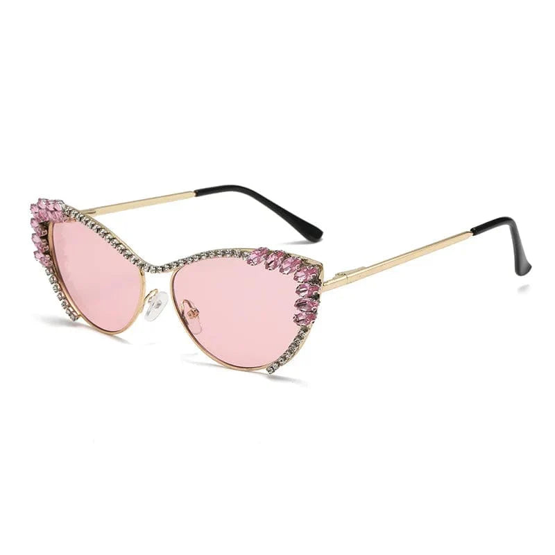 Buyuteen Y2K vintage cat eye sunglasses with pink crystal accents and metal frames, featuring a luxury, punk-inspired design.
