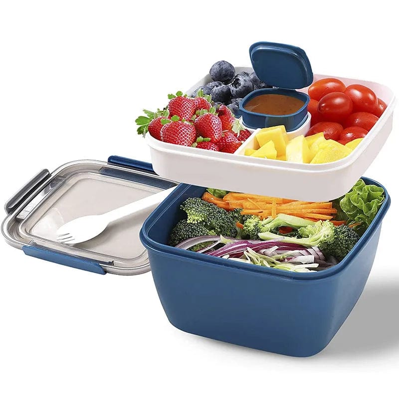 Showlu 2-layer salad bowl lunch box with 1500ml capacity, leak-proof food container for fresh salads and meals.