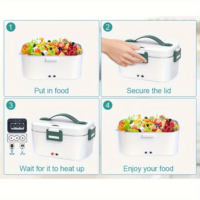 Showlu portable electric lunch box with 1.9L stainless steel container, designed for 12V, 24V, and 110V power sources.