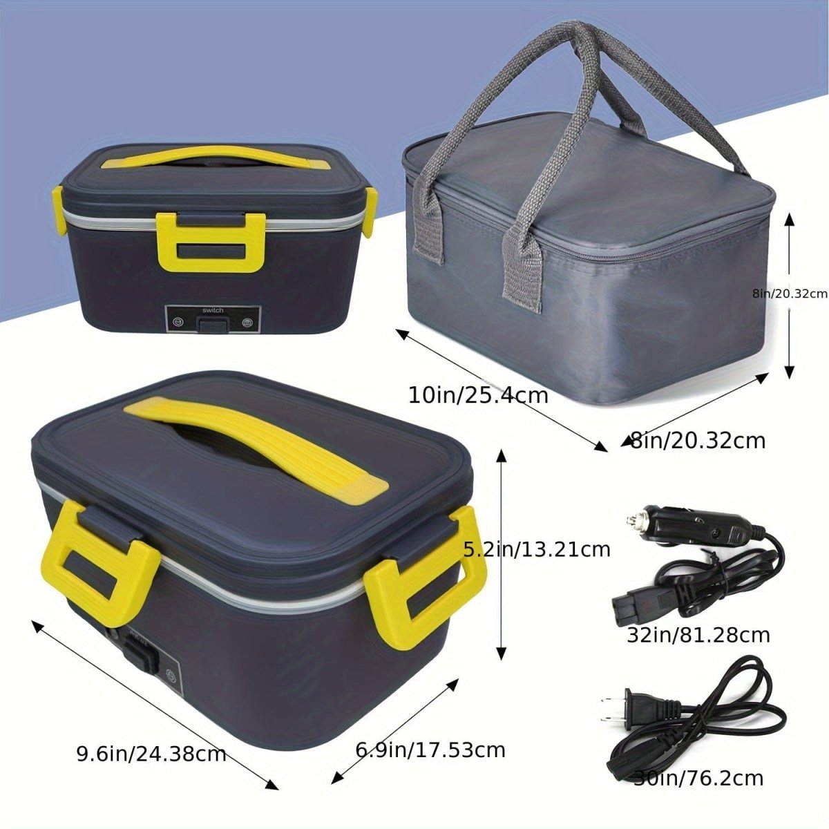 Showlu portable electric lunch box with 1.9L stainless steel container, suitable for 12V, 24V, and 110V power sources.