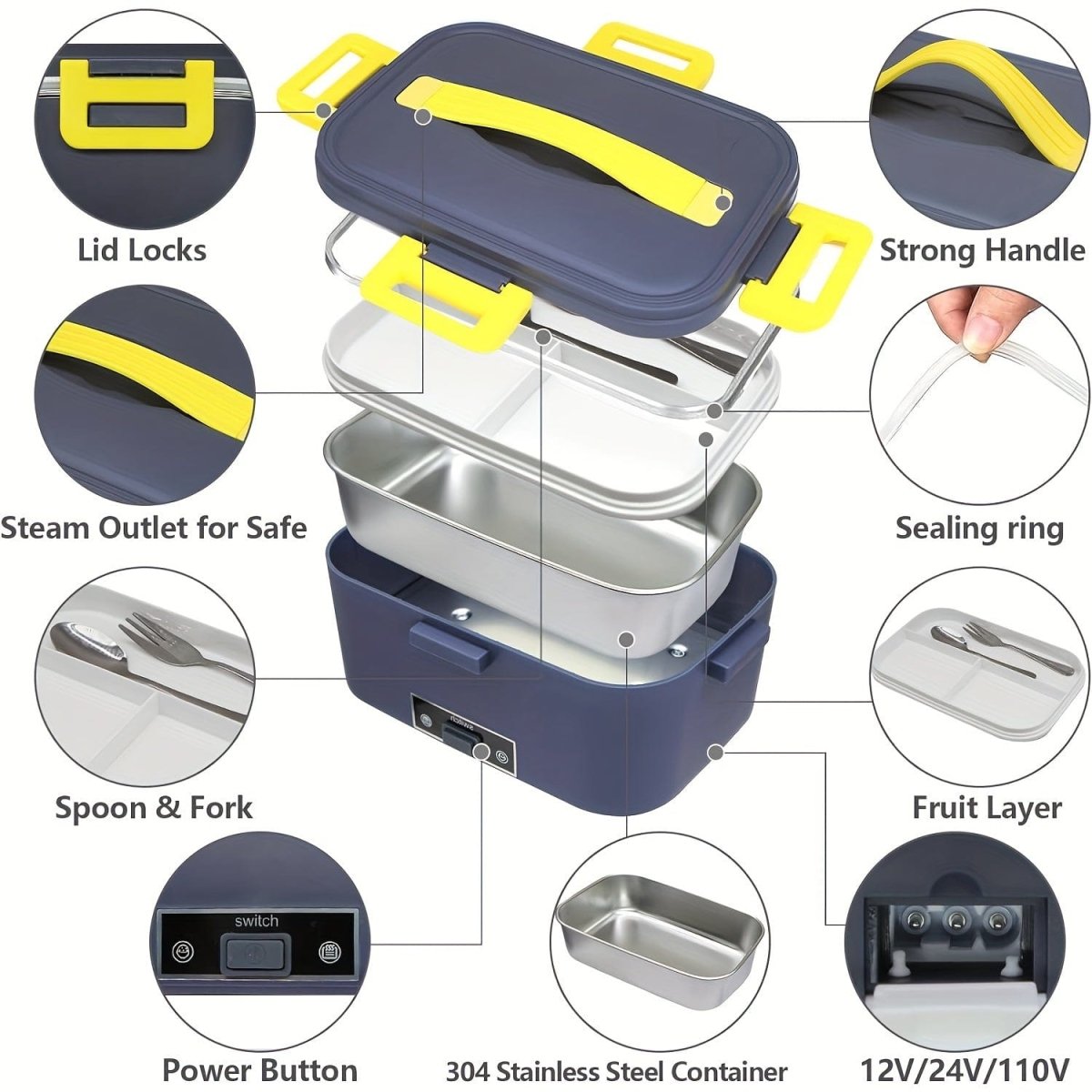 Showlu portable electric lunch box with 1.9L stainless steel container, 12V, 24V, and 110V power options for heating meals.