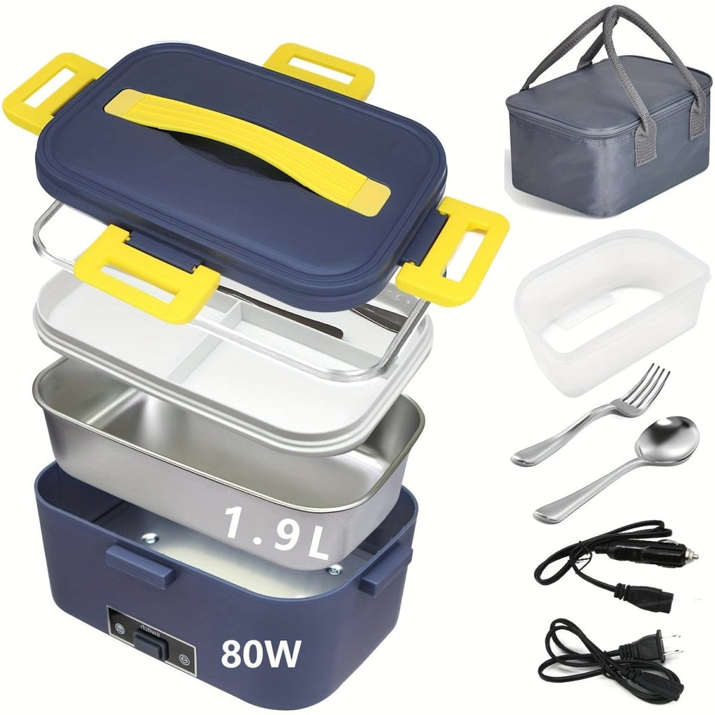 Showlu portable electric lunch box with 1.9L stainless steel container, 12V, 24V, and 110V power options for heating food.