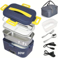 Showlu portable electric lunch box with 1.9L stainless steel container, 12V, 24V, and 110V power options for heating food.