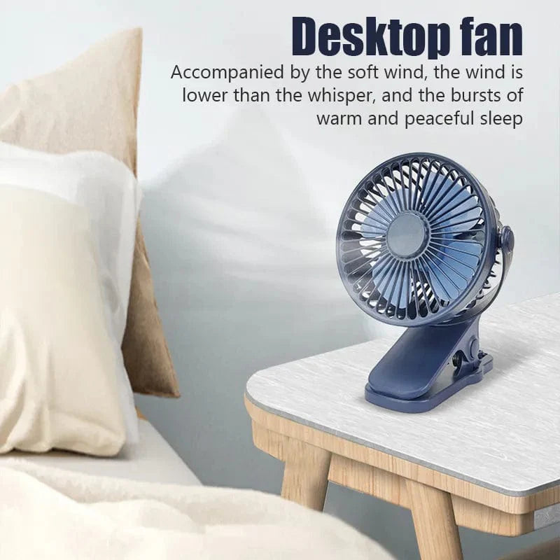 Showlu Fashion Store portable mini clip fan with USB charging, quiet operation, ideal for desktops, dorms, and small cooling needs.