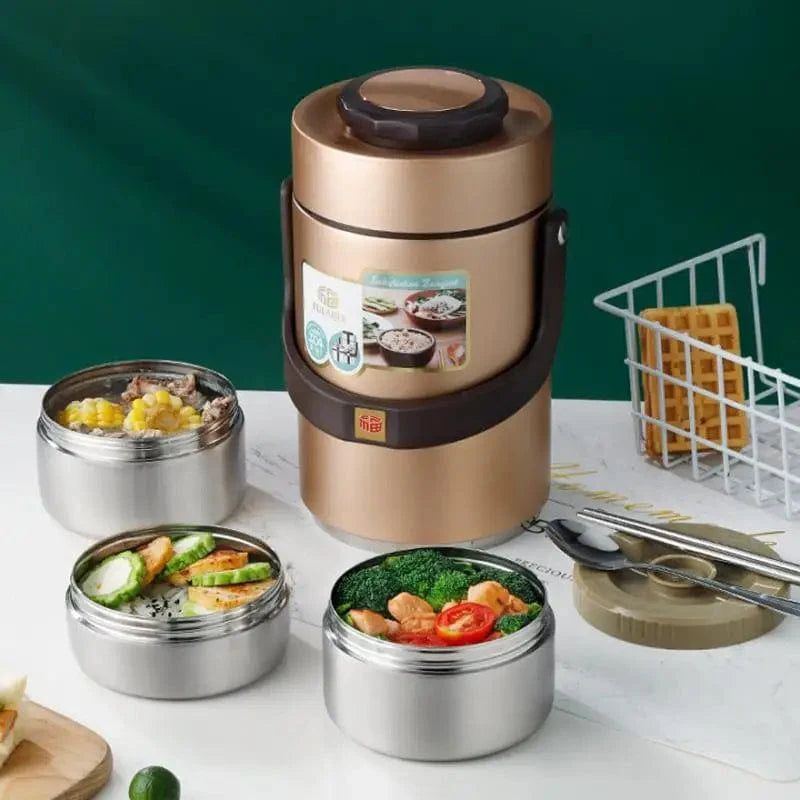 Stainless steel vacuum insulated lunch box by DEUAMO, leak-proof food container with large capacity and portable design.