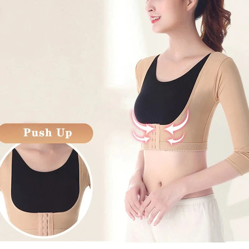 Showlu Women's Posture Corrective Shapewear with seamless arm slimming top, bust push-up body shaper for improved posture and silhouette.