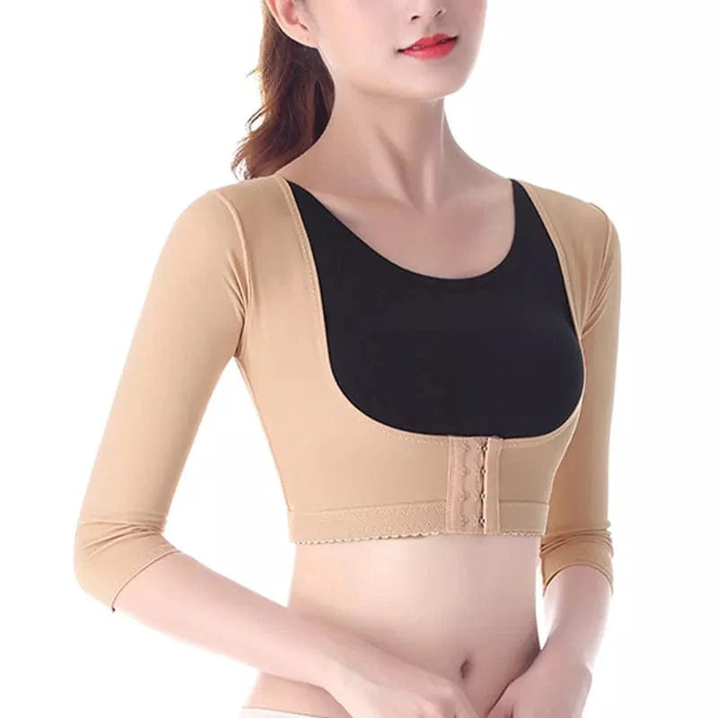 Showlu Women's Posture Corrective Shapewear with seamless arm slimming top, bust push-up, and body-shaping design for improved posture.
