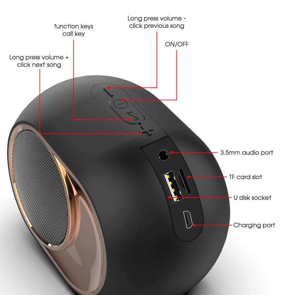 Doba portable Bluetooth speaker with 360° surround sound, built-in subwoofer, HD microphone, and 8-hour wireless listening.
