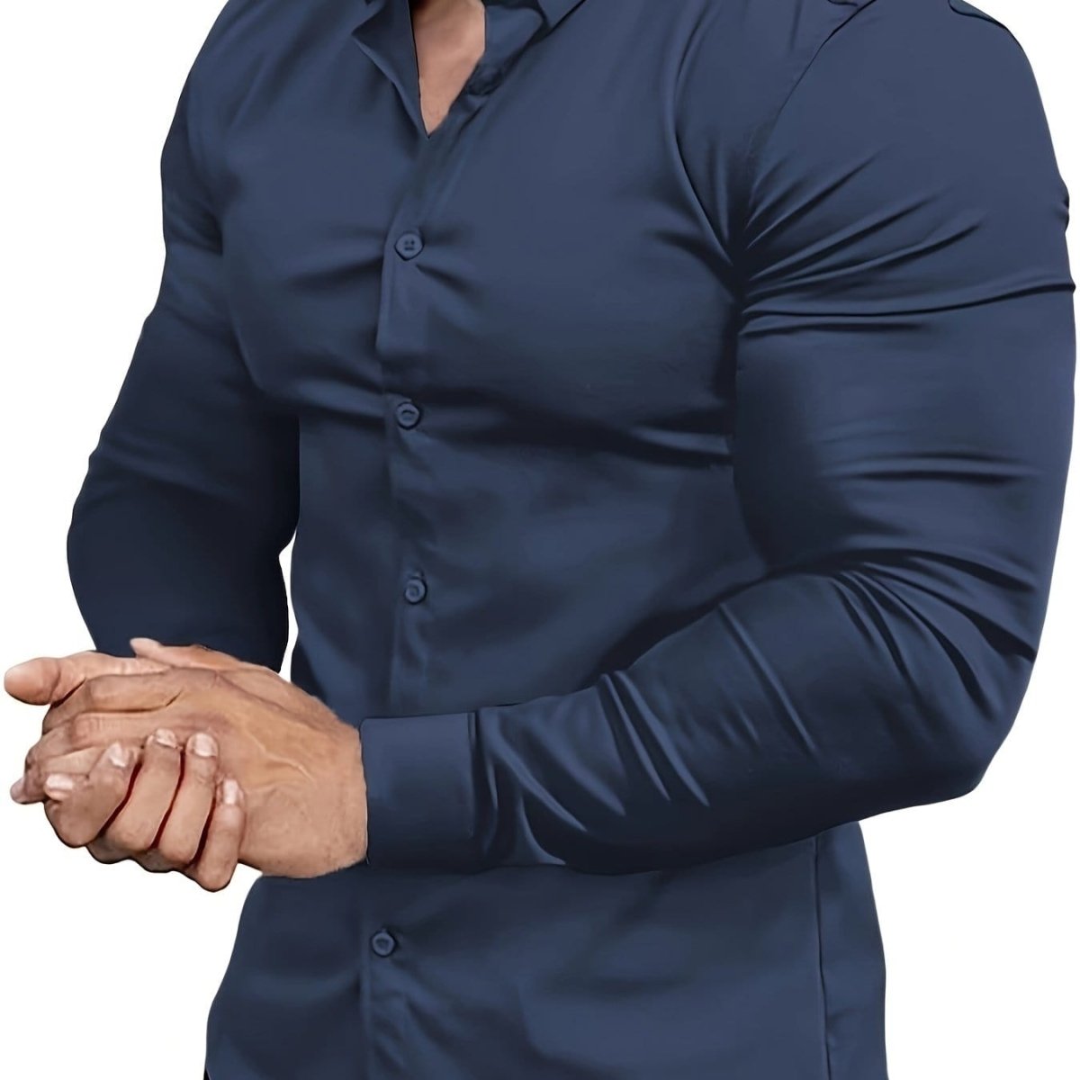 Men's muscle-fit dress shirt by SHOWLU FASHION, solid stretch cotton, slim fit, long sleeves, button-down, versatile for formal or business.