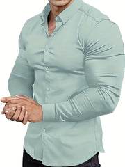 Premium Mens Solid Muscle - Fit Dress Shirt - Comfortable Stretch, Slim Fit, Long Sleeve, Button Down Lapel - Versatile Style for Business & Formal Occasions - SHOWLU FASHION STORE