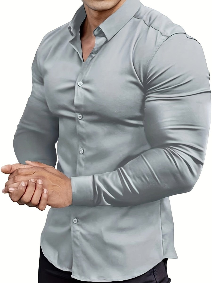 SHOWLU FASHION men's muscle-fit dress shirt in stretch cotton, long sleeve, slim fit with button-down collar and lapel for formal wear.