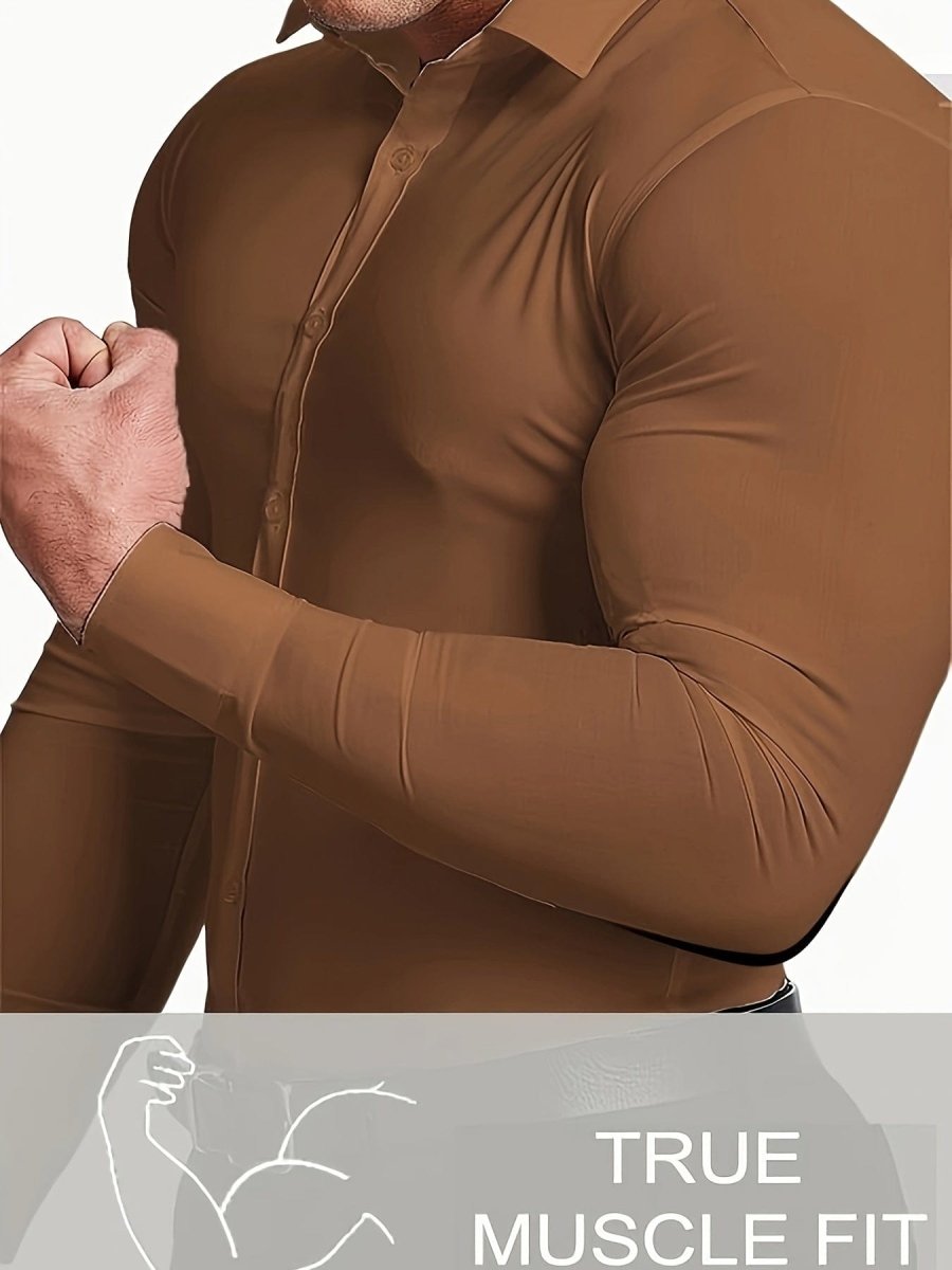 Premium Mens Solid Muscle - Fit Dress Shirt - Comfortable Stretch, Slim Fit, Long Sleeve, Button Down Lapel - Versatile Style for Business & Formal Occasions - SHOWLU FASHION STORE