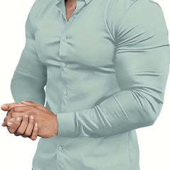 Premium Mens Solid Muscle - Fit Dress Shirt - Comfortable Stretch, Slim Fit, Long Sleeve, Button Down Lapel - Versatile Style for Business & Formal Occasions - SHOWLU FASHION STORE