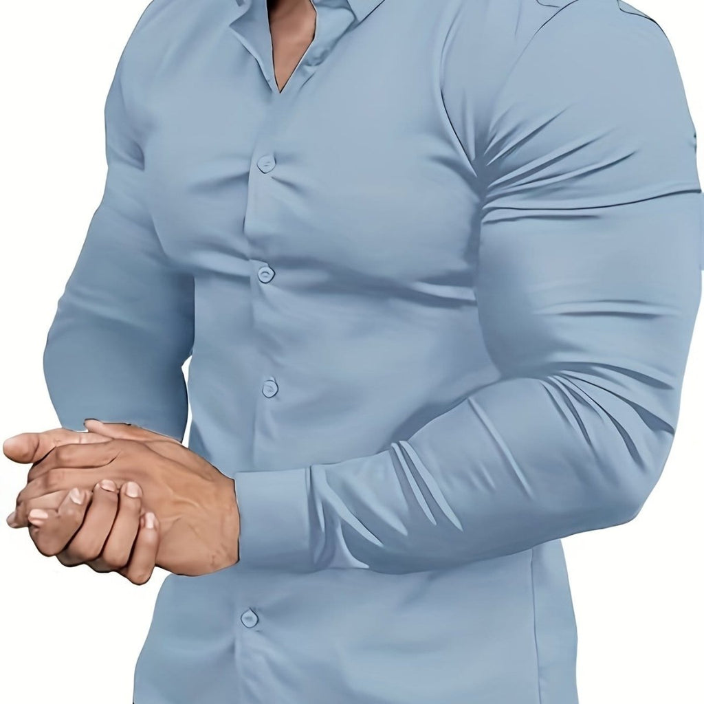 Men's SHOWLU FASHION muscle-fit dress shirt in solid stretch cotton with long sleeves, button-down collar, ideal for business and formal wear.