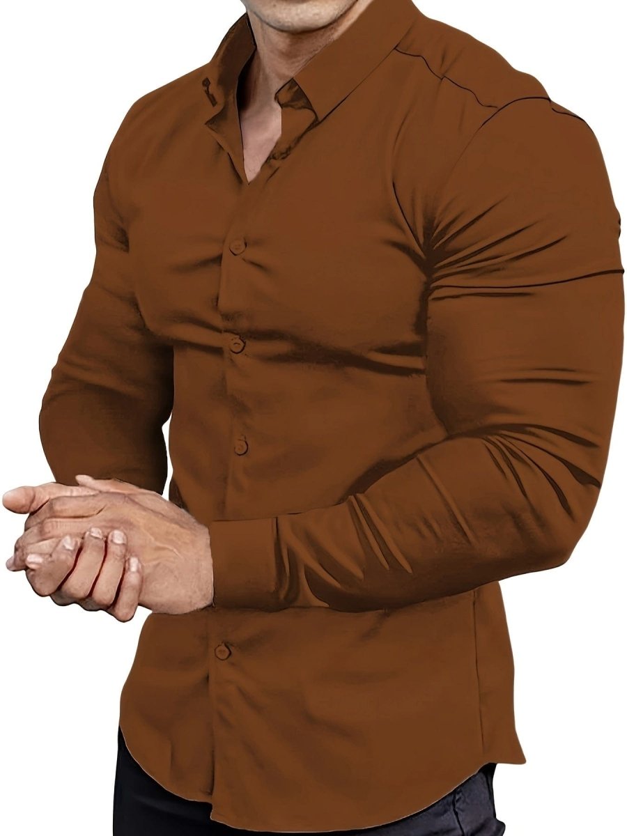 SHOWLU FASHION men's muscle-fit dress shirt in stretch cotton, long-sleeve, slim fit, with button-down collar and versatile formal style.