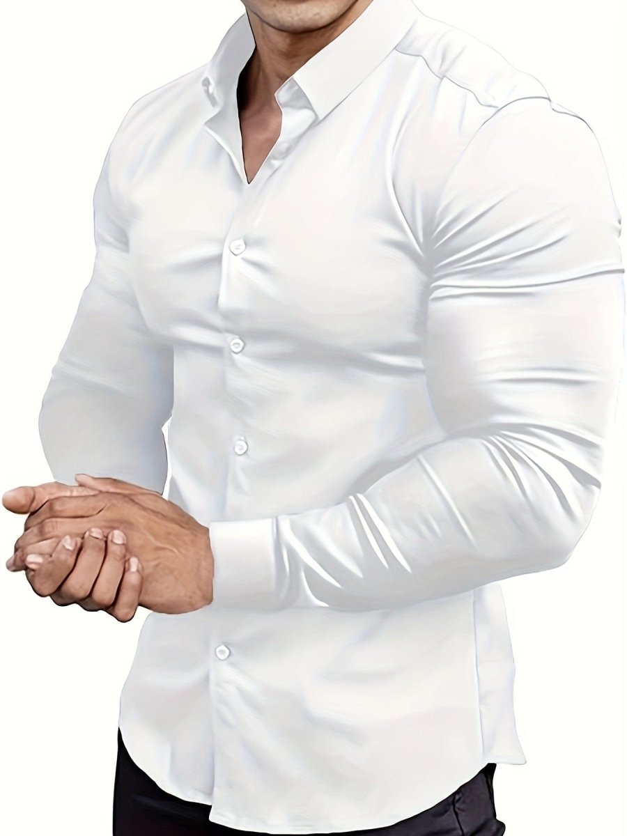 Premium Mens Solid Muscle - Fit Dress Shirt - Comfortable Stretch, Slim Fit, Long Sleeve, Button Down Lapel - Versatile Style for Business & Formal Occasions - SHOWLU FASHION STORE