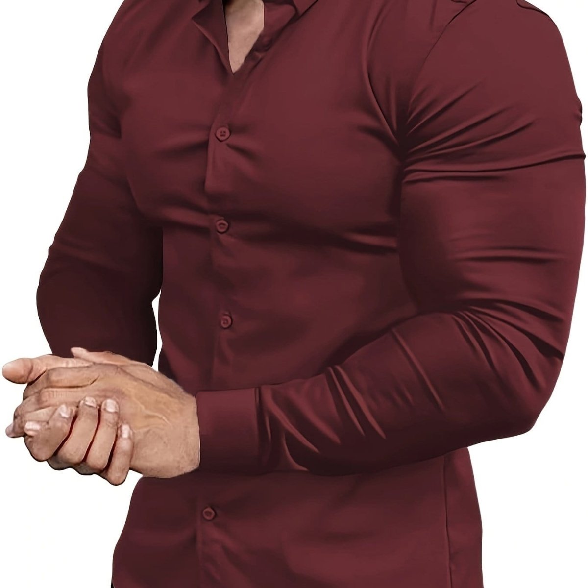 Men's SHOWLU FASHION muscle-fit dress shirt in stretch cotton, long-sleeve, slim fit, button-down, versatile for business and formal wear.