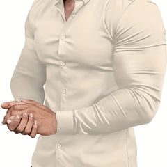 Premium Mens Solid Muscle - Fit Dress Shirt - Comfortable Stretch, Slim Fit, Long Sleeve, Button Down Lapel - Versatile Style for Business & Formal Occasions - SHOWLU FASHION STORE