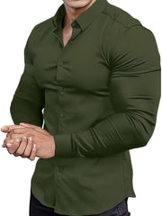 Premium Mens Solid Muscle - Fit Dress Shirt - Comfortable Stretch, Slim Fit, Long Sleeve, Button Down Lapel - Versatile Style for Business & Formal Occasions - SHOWLU FASHION STORE