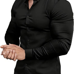Premium Mens Solid Muscle - Fit Dress Shirt - Comfortable Stretch, Slim Fit, Long Sleeve, Button Down Lapel - Versatile Style for Business & Formal Occasions - SHOWLU FASHION STORE
