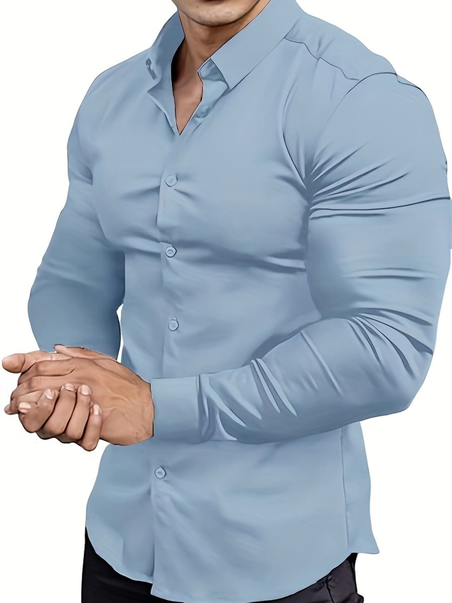 Men's SHOWLU FASHION muscle-fit dress shirt in stretch cotton, featuring a slim fit, long sleeves, button-down collar, versatile for formal wear.
