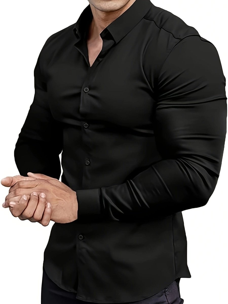 Premium Mens Solid Muscle - Fit Dress Shirt - Comfortable Stretch, Slim Fit, Long Sleeve, Button Down Lapel - Versatile Style for Business & Formal Occasions - SHOWLU FASHION STORE