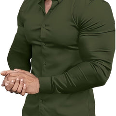 Premium Mens Solid Muscle - Fit Dress Shirt - Comfortable Stretch, Slim Fit, Long Sleeve, Button Down Lapel - Versatile Style for Business & Formal Occasions - SHOWLU FASHION STORE
