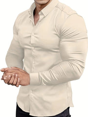 Premium Mens Solid Muscle - Fit Dress Shirt - Comfortable Stretch, Slim Fit, Long Sleeve, Button Down Lapel - Versatile Style for Business & Formal Occasions - SHOWLU FASHION STORE