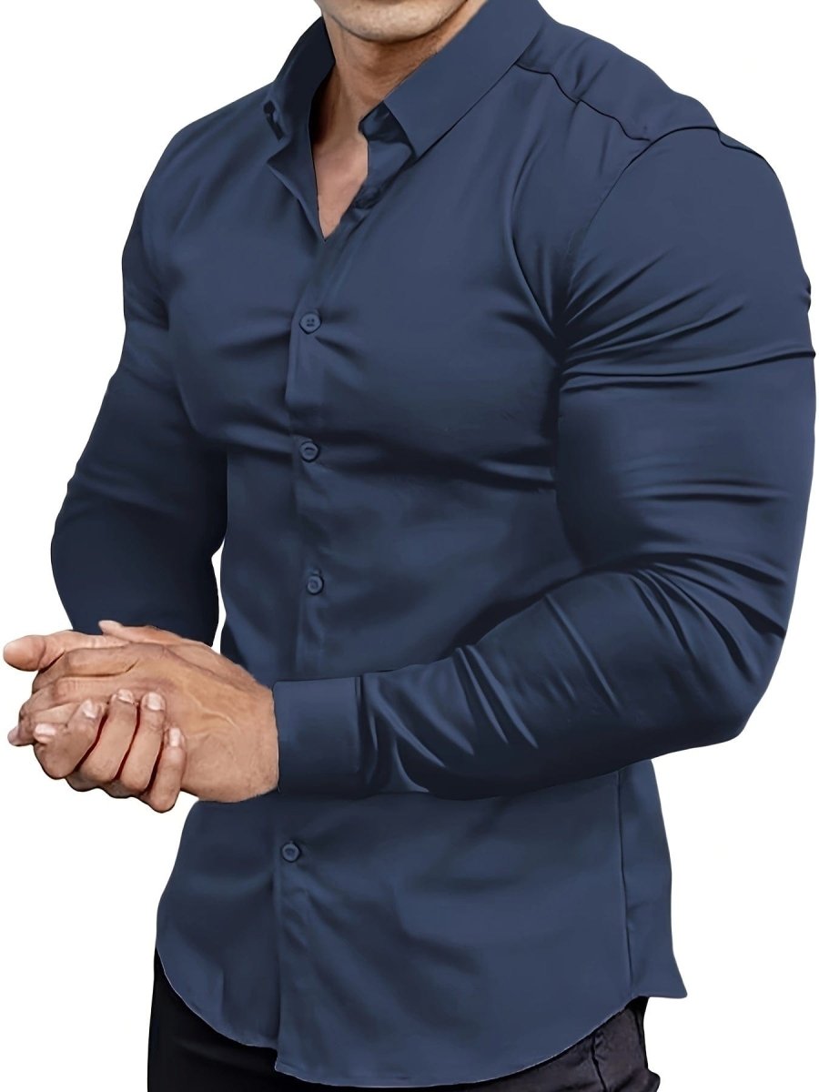 SHOWLU FASHION men's muscle-fit dress shirt in stretch cotton with long sleeves, button-down collar, ideal for formal and business wear.
