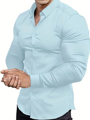Premium Mens Solid Muscle - Fit Dress Shirt - Comfortable Stretch, Slim Fit, Long Sleeve, Button Down Lapel - Versatile Style for Business & Formal Occasions - SHOWLU FASHION STORE