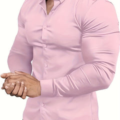 Premium Mens Solid Muscle - Fit Dress Shirt - Comfortable Stretch, Slim Fit, Long Sleeve, Button Down Lapel - Versatile Style for Business & Formal Occasions - SHOWLU FASHION STORE