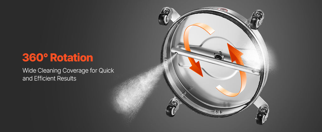 Showlu Smart General Rotary Surface Cleaner attached to pressure washer, featuring spinning brushes for efficient outdoor cleaning.