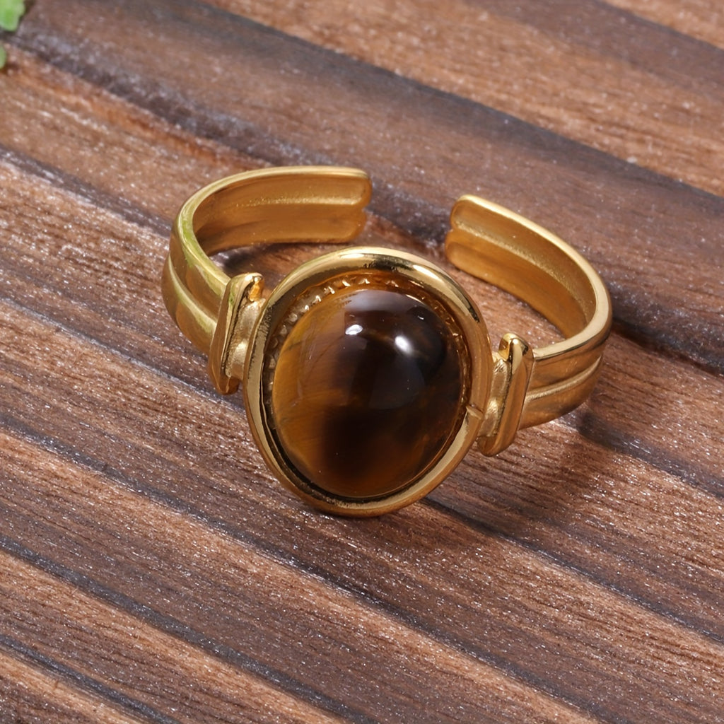 Golden Oval Tiger Eye Stainless Steel Open Ring